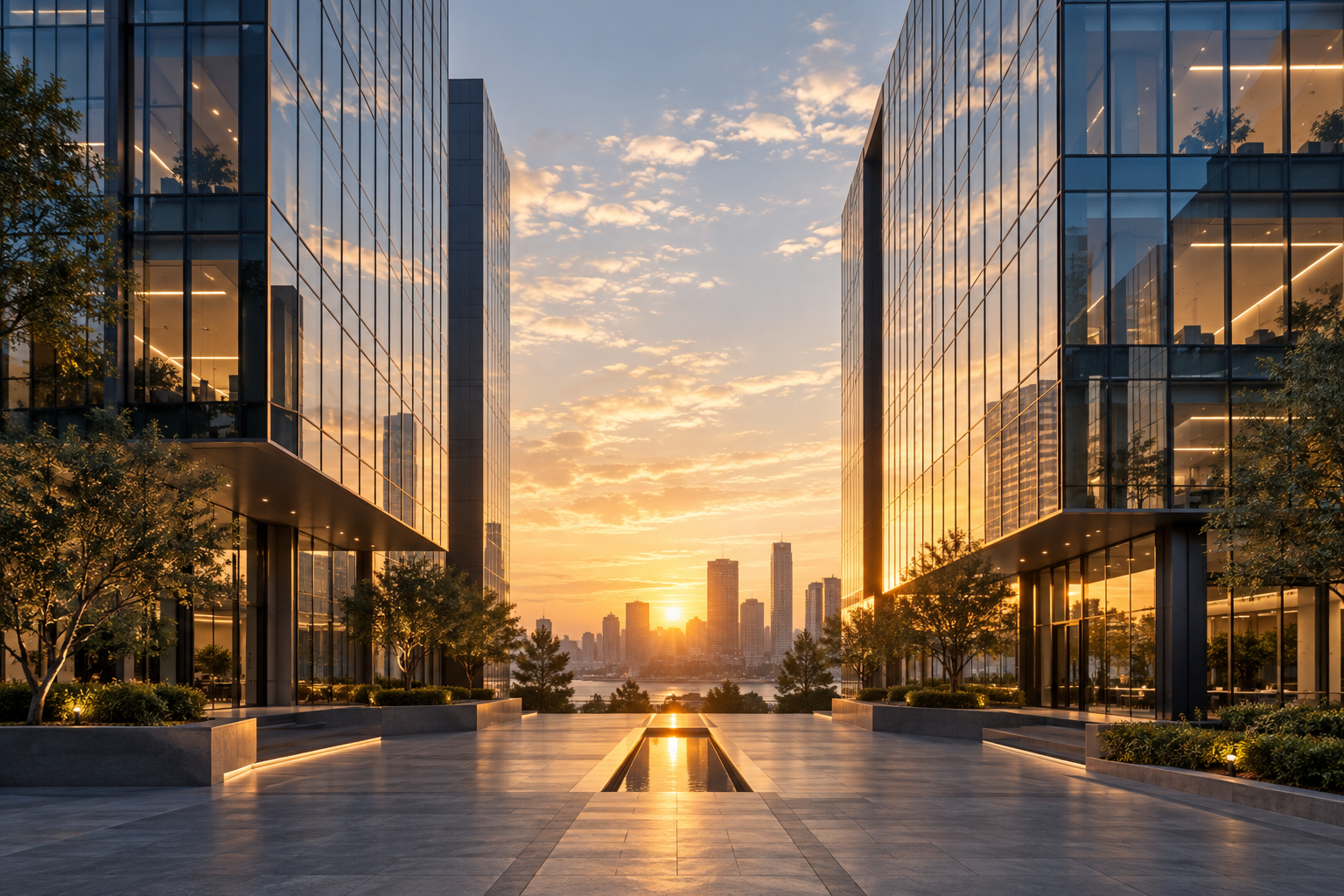 Glass office buildings in warm morning light